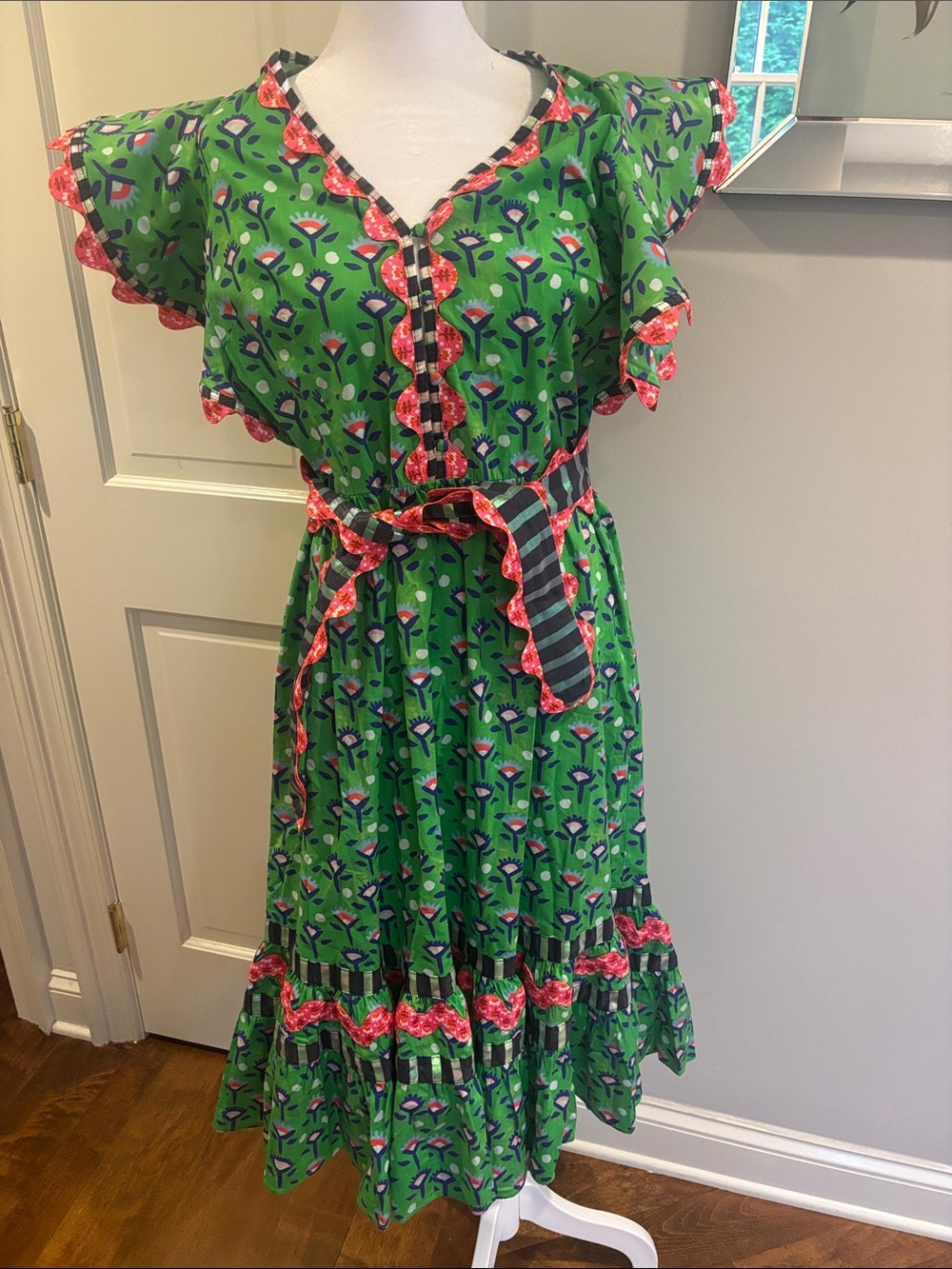 CeliaB Green Floral Midi Dress with Pink Trim